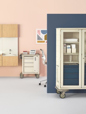 Modular, movable storage carts in a healthcare laboratory.