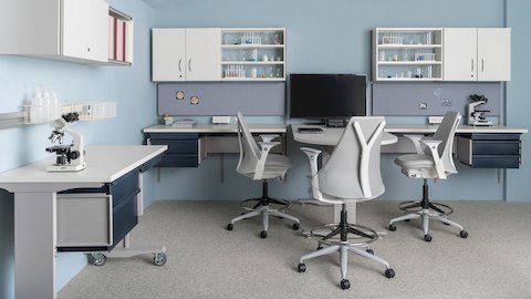 Co/Struc System modular storage components and light gray Sayl Stools in a healthcare laboratory.