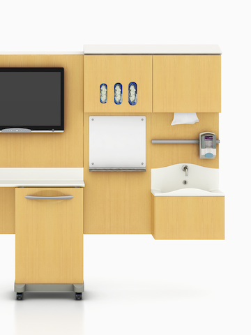 A wall of modular healthcare storage components from the Compass System. Select to go to the Compass System product page. 